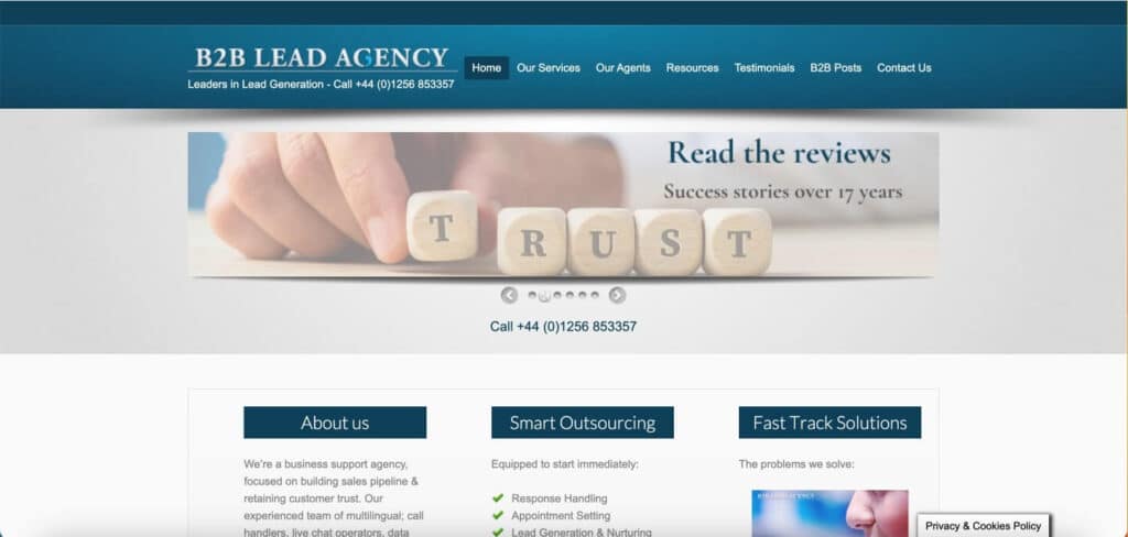 Screenshot of B2B Lead Agency's website homepage