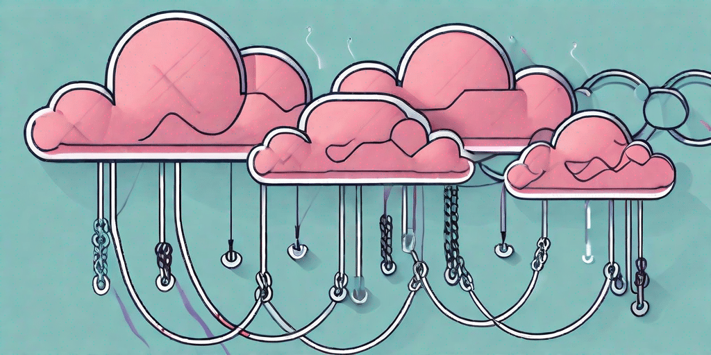A symbolic cloud (representing saas) connected to various other smaller clouds through chains (representing backlinks) in a digital universe