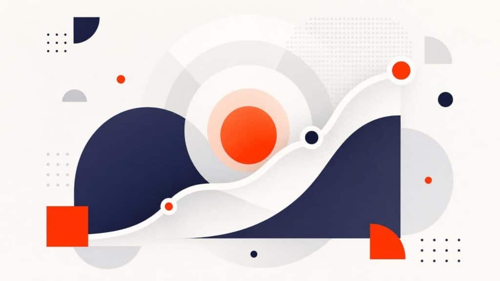 Abstract geometric composition featuring a rising white path with orange data points over dark blue hills and circular light gray patterns.