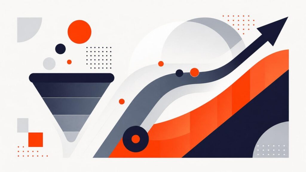 Abstract graphic featuring a dark sales funnel and an upward-curving arrow in navy, orange, and gray against a white background with geometric shapes.