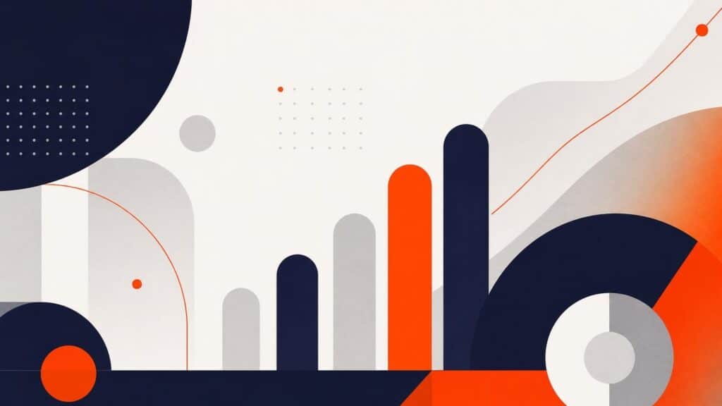 Abstract geometric data visualization featuring navy blue, orange, and grey bar charts and circles on a clean white background.