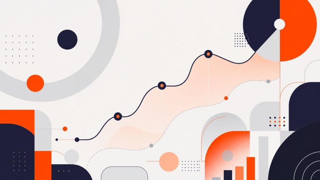 Abstract data visualization with an upward-trending line graph, pie charts, and geometric shapes in a navy blue, orange, and light grey color palette.