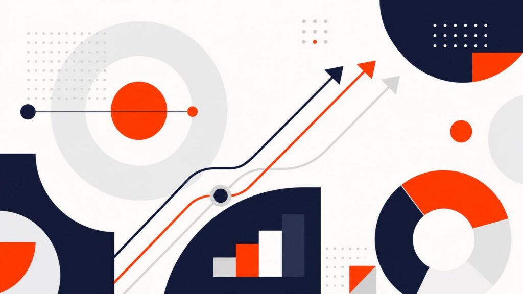 Abstract geometric illustration featuring upward-pointing arrows, bar charts, and circular data visualizations in navy blue, orange, and white.