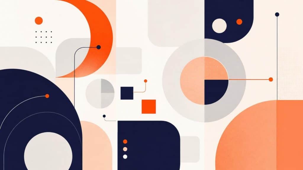 Abstract geometric composition of navy blue, orange, and cream circles, squares, and thin lines representing data and connectivity.