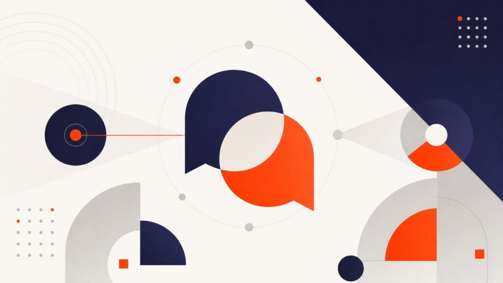 Abstract geometric illustration featuring navy blue and orange speech bubbles overlapping amidst a network of circles, dots, and lines.