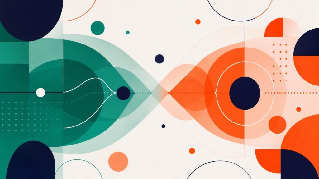 Abstract geometric illustration featuring teal and orange curved shapes meeting in the center, accented by dark blue circles and fine dotted lines.