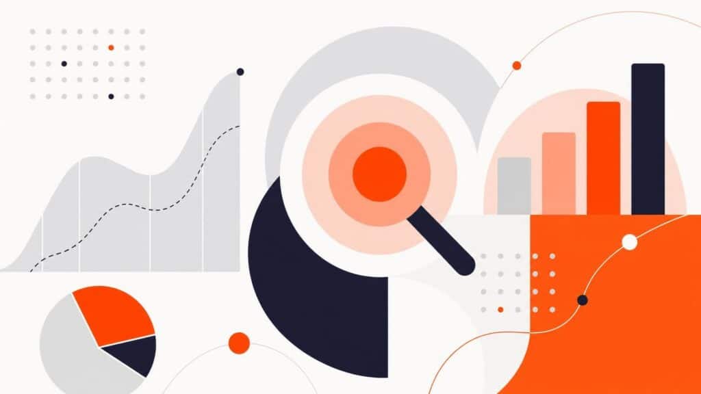 Abstract data visualization featuring orange and navy blue bar charts, line graphs, and a magnifying glass over a target on a white background.