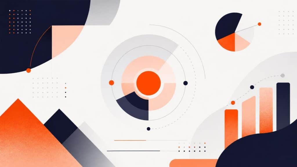 Abstract data visualization with orange and navy blue geometric shapes, including a central radar chart, bar graphs, and circular infographics.