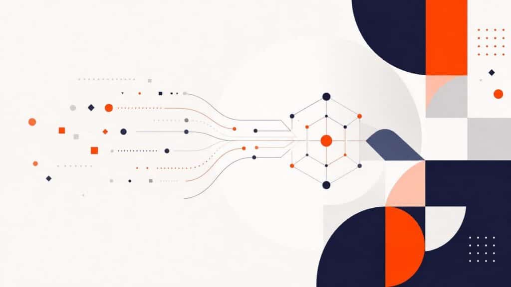 Abstract geometric illustration featuring orange and navy data points flowing into a central hexagonal node on a white background.