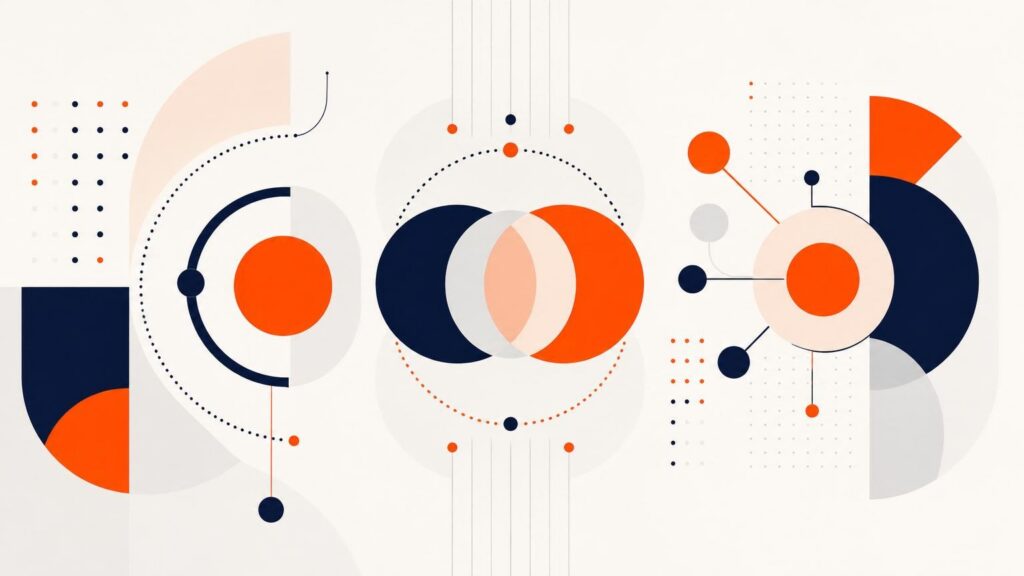 Abstract geometric illustration featuring orange, navy blue, and grey circles, semi-circles, and dotted lines on a white background.