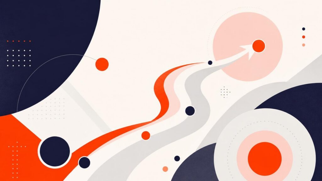 Abstract flat illustration of a winding path with an arrow pointing toward a target, using a navy, orange, and cream color palette.