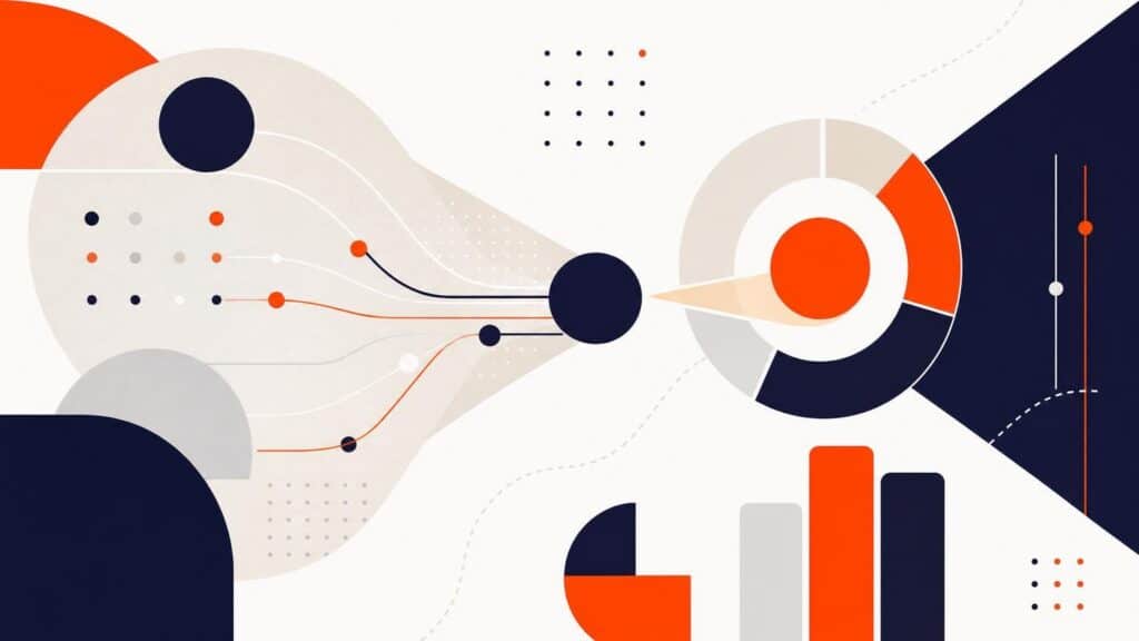 Abstract geometric illustration of data flow with orange, navy, and grey circles, lines, and charts on a white background.