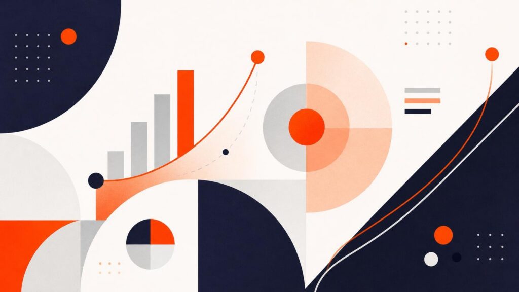 Abstract geometric illustration featuring orange and navy blue bar charts, line graphs, and circular data visualizations on a white background.