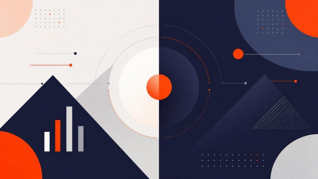 Split-screen abstract graphic in navy and white featuring geometric shapes, bar charts, and data points in orange and grey.