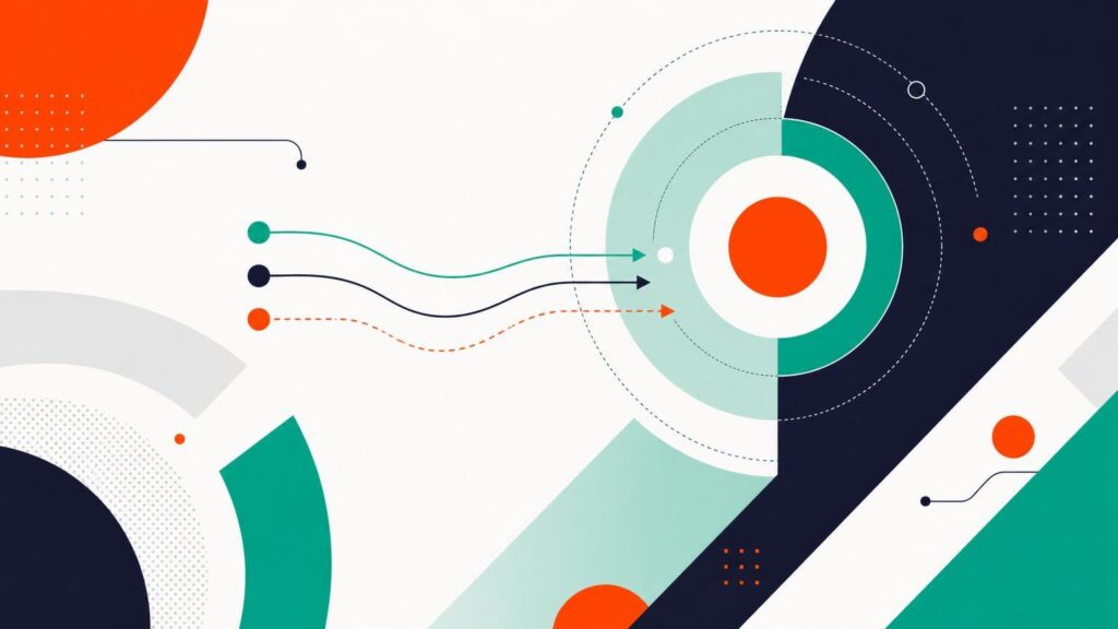 Abstract geometric illustration with teal, orange, and navy circles, wavy arrows pointing to a central target, and minimalist data patterns.