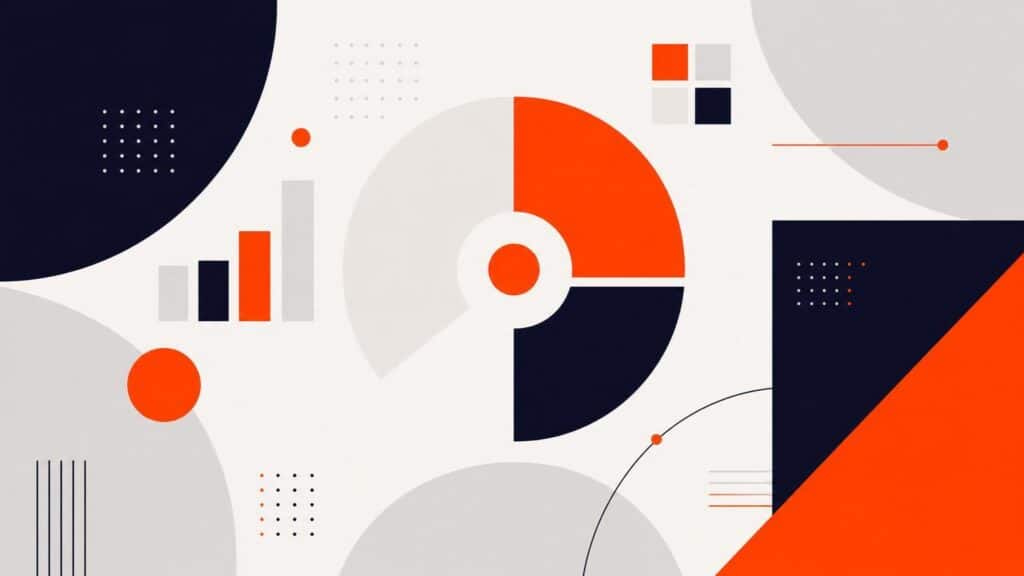 Abstract geometric composition featuring orange, navy blue, and grey circles, bar charts, and dotted patterns on a light background.
