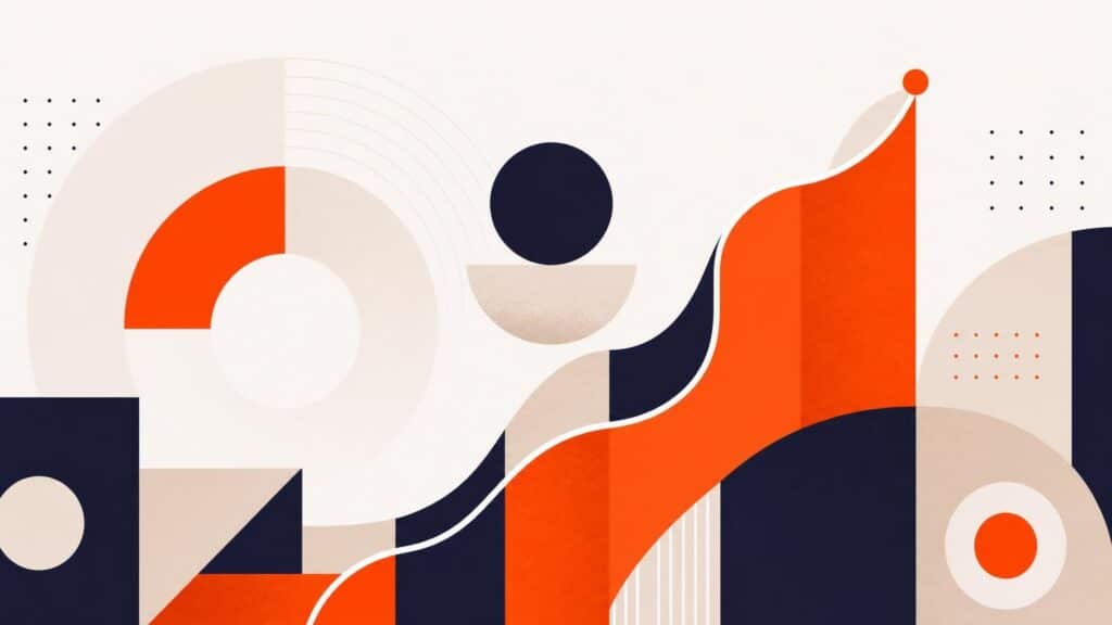 Abstract geometric illustration featuring orange, navy blue, and beige circles, semicircles, and an upward-curving wave on a light background.